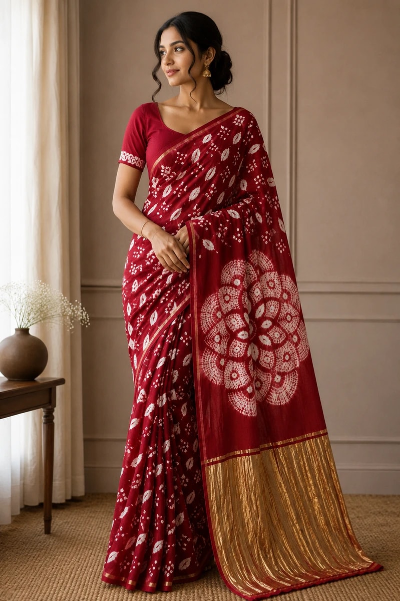Bright Red Bandhani Saree