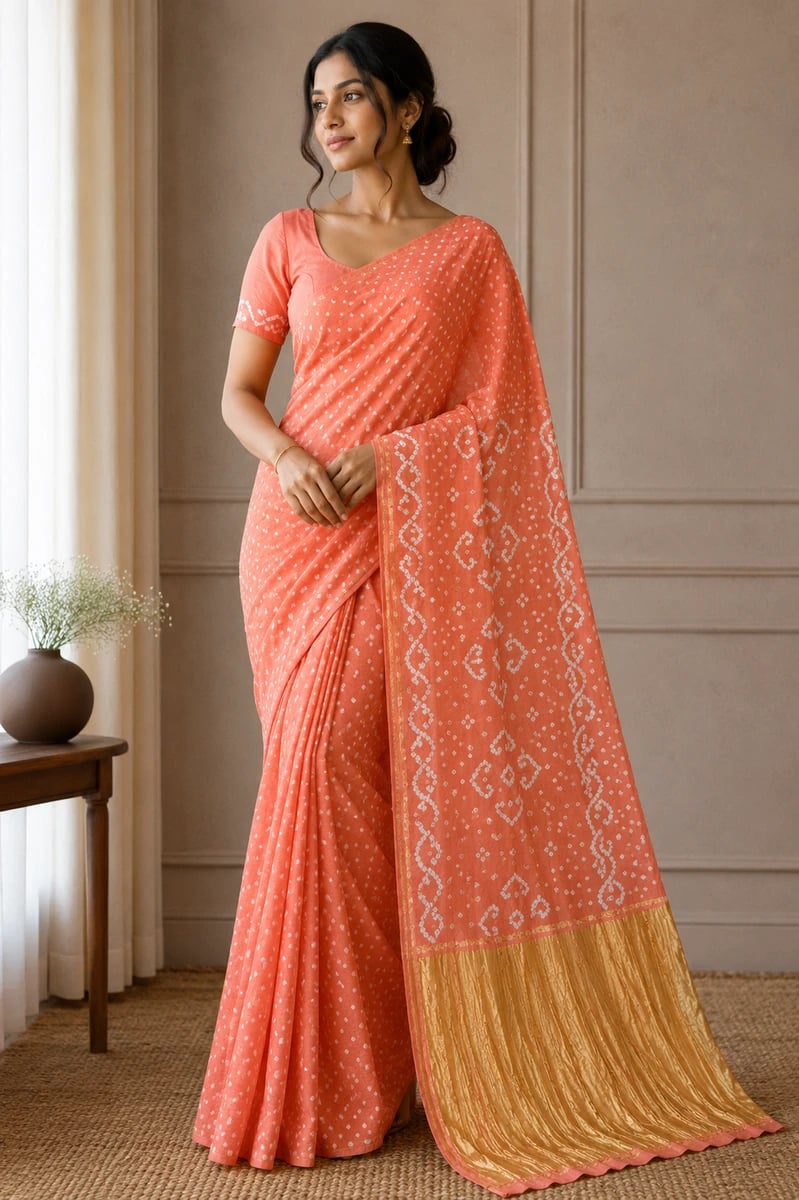 Peach Elegance Bandhani Saree