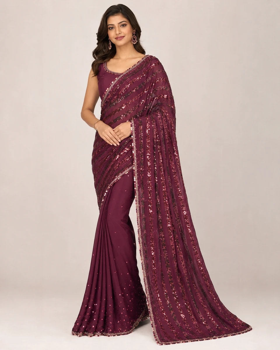 Wine Sequin Cocktail Saree